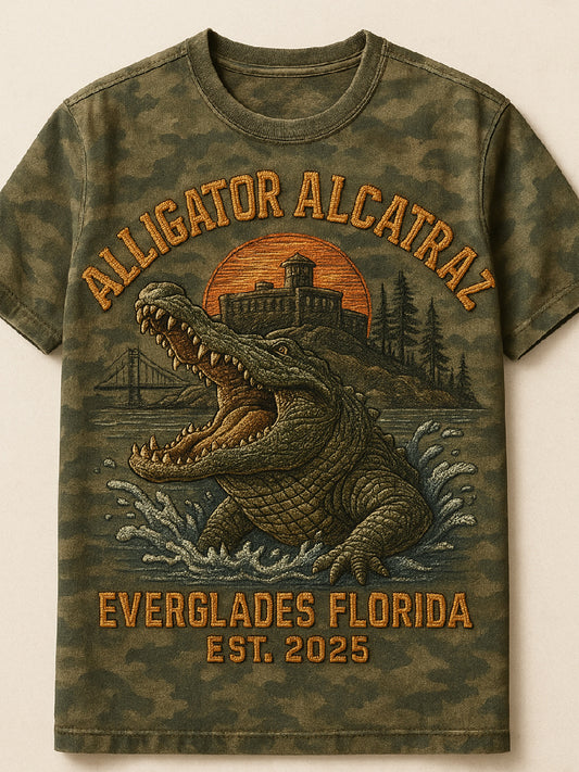 Vintage Alligator Alcatraz Fun Florida Everglades Art Print Casual Short Sleeve T-Shirt