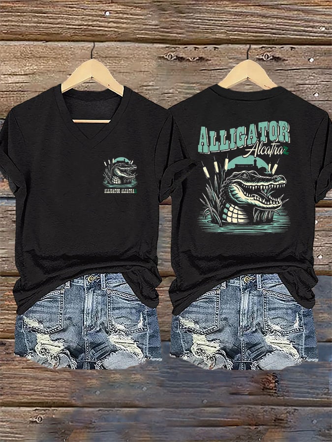 Women's Casual Retro Alligator Alcatraz Print T-Shirt