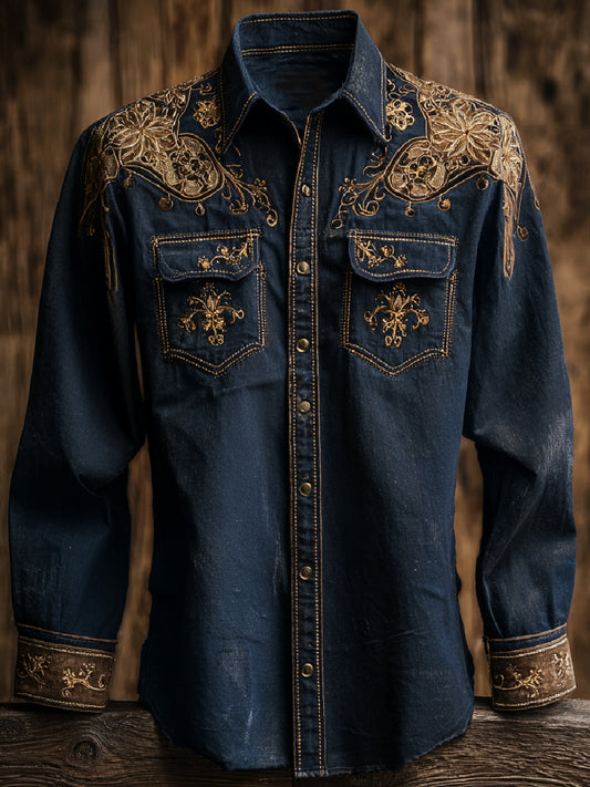 Retro Western Cowboy Art Print Casual Long Sleeve Shirt