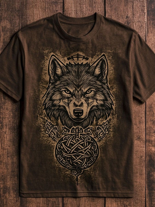 Lässiges T-Shirt mit Wikinger-Wolf-Totem-Aufdruck für Herren