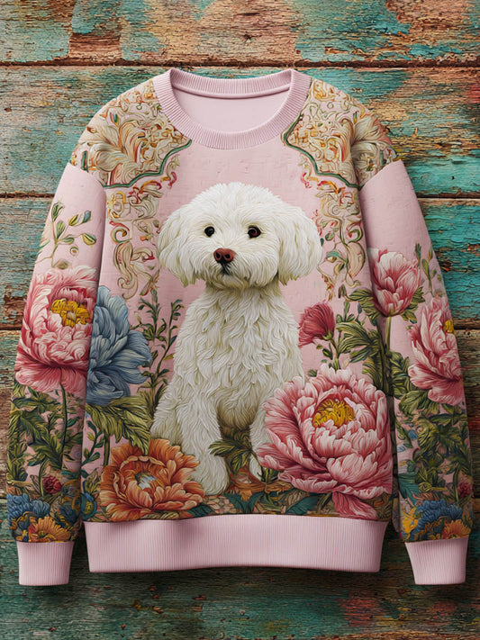 Pink October Dog Floral Art Graphic Print Casual Sweatshirt
