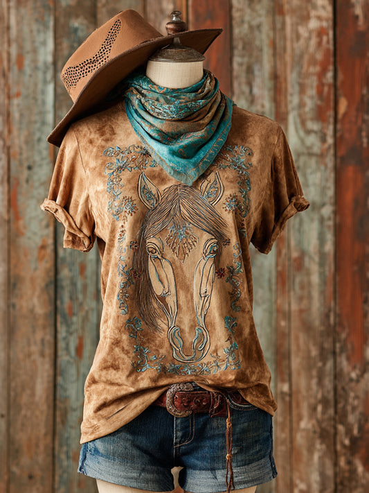 Retro Western Art Horse Floral Print Casual Short Sleeve T-Shirt