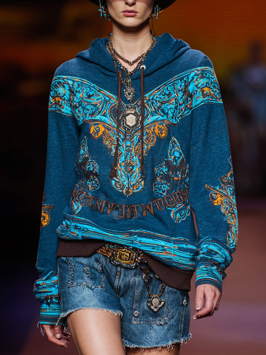 Vintage Western Art Print Casual Long Sleeve Hoodie