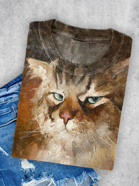Unisex Cat Printed Vintage Fashion Loose Short Sleeve T-Shirt