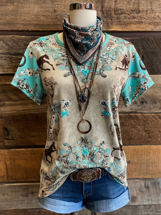 Retro Western Art Illustration Print Casual Short Sleeve T-Shirt