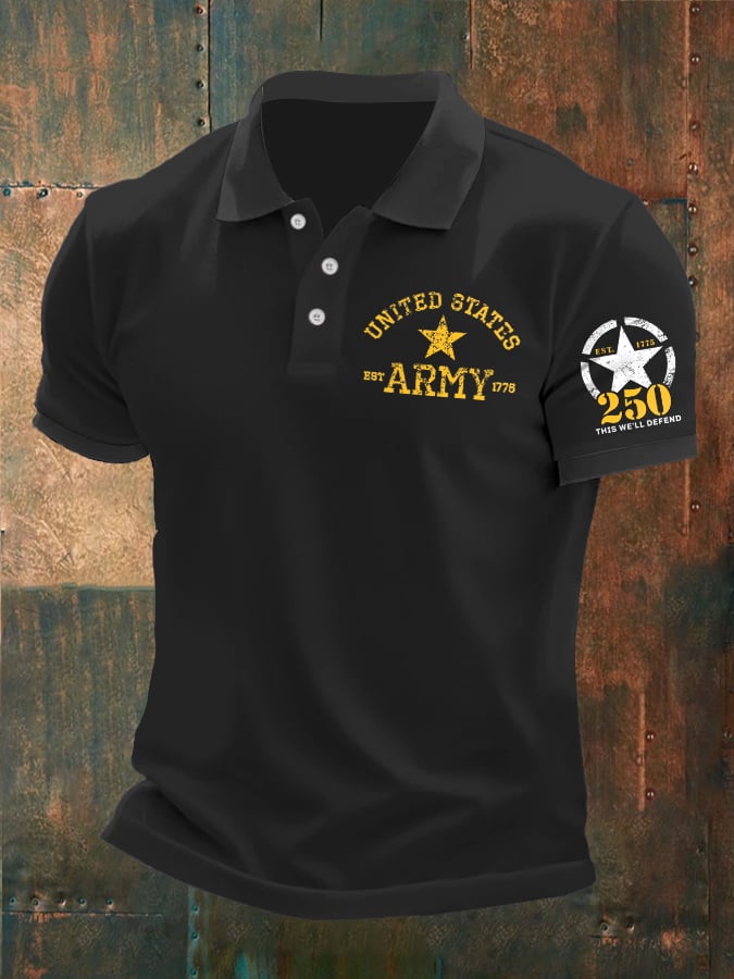 Man's Vintage Independence Day United States Army 250th Anniversary This We'll Defend Est.1775 Printed Polo Shirt