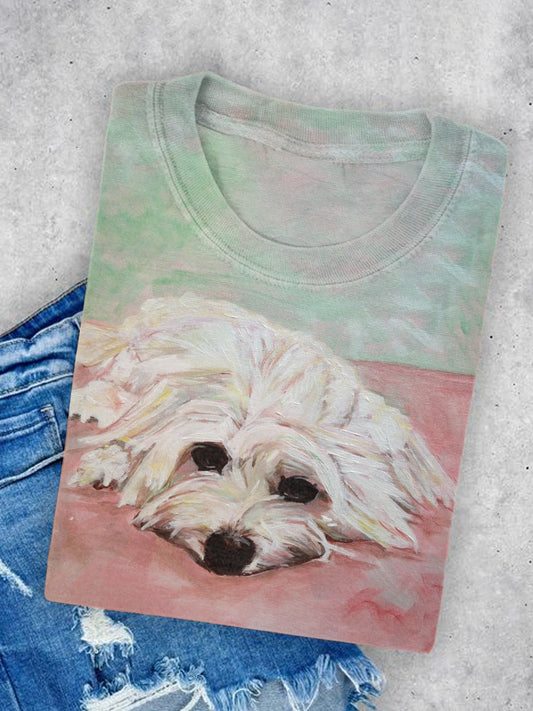 Ctue Dog Art Illustration Print Casual Short Sleeve T-Shirt