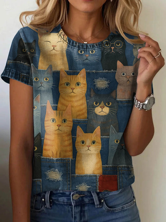 Women's Denim Art Cat Print Casual Short Sleeve T-Shirt