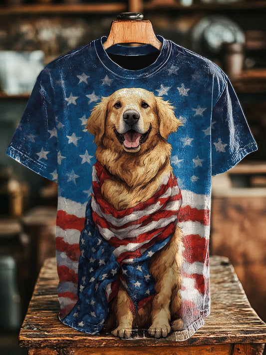 Unisex Independence Day Puppy Illustration Round Neck Casual T-shirt