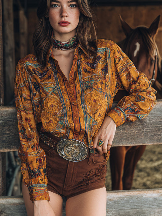Vintage Western Art Illustration Print Casual Shirt
