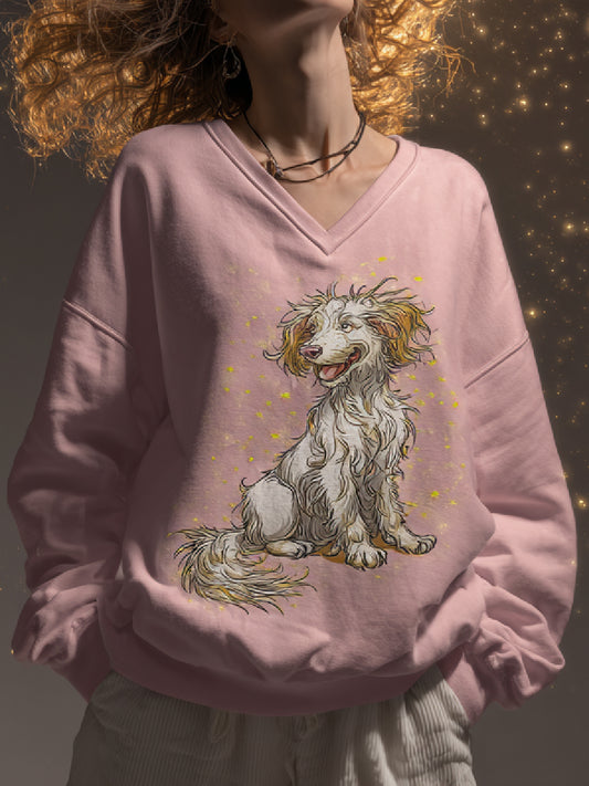 Funny Dog Art Print Casual V-Neck Sweatshirt