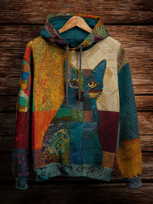 Vintage Cat Print Art Casual Hoodie