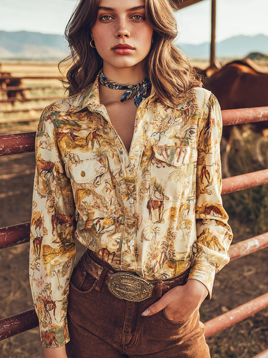 Vintage Western Art Illustration Print Casual Shirt