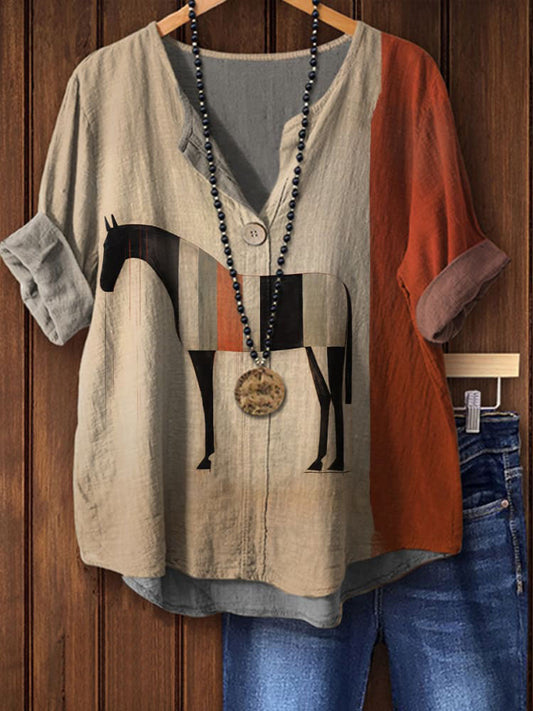 Women's Retro Horse Print Casual Cotton Linen Shirt