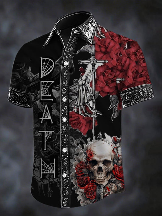 Men's Retro Skull Death Print Short Sleeve Shirt