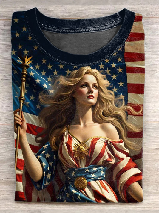 Unisex Statue of Liberty Art Illustration Round Neck Casual T-shirt