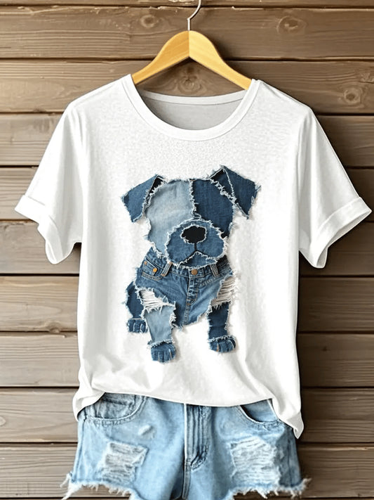 Women's Retro Funny Animal Dog Print  Crew Neck Casual T-shirt