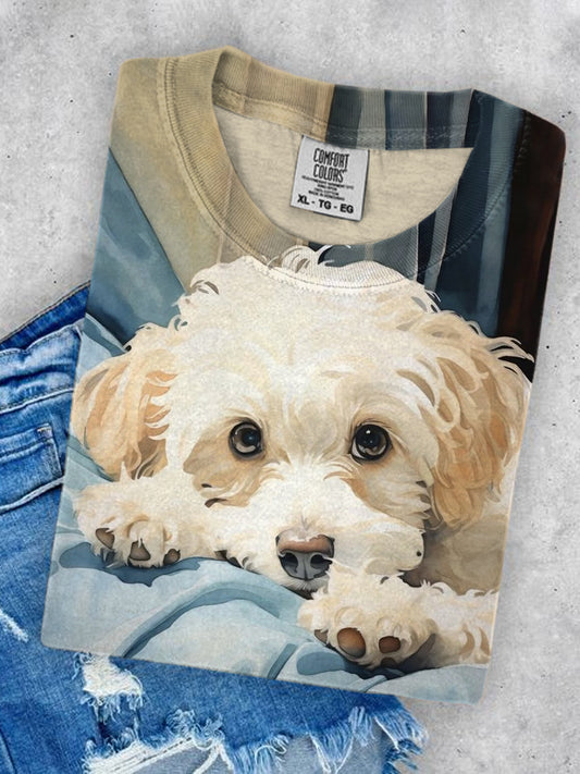 Unisex Cute Puppy Fun Art Illustration Print Round Neck Casual T-shirt