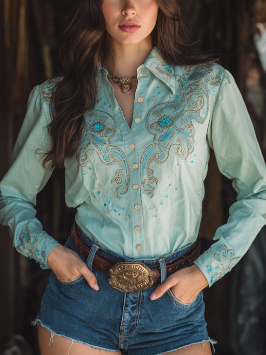 Western Retro Art Print Casual Long Sleeve Shirt