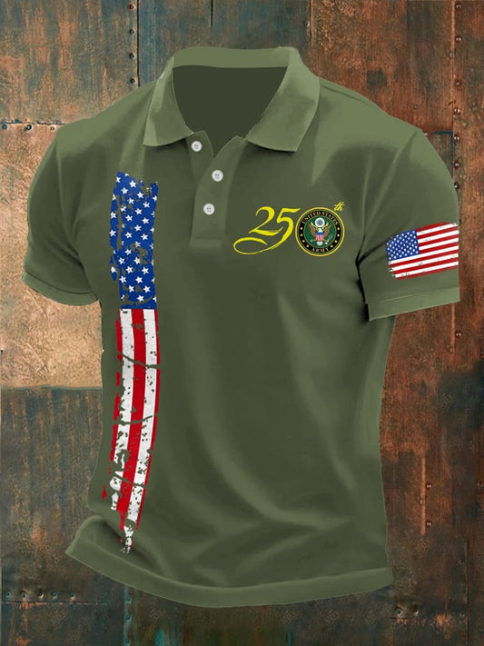 Man's Vintage Independence Day Flag United States Army 250th Anniversary Printed Polo Shirt