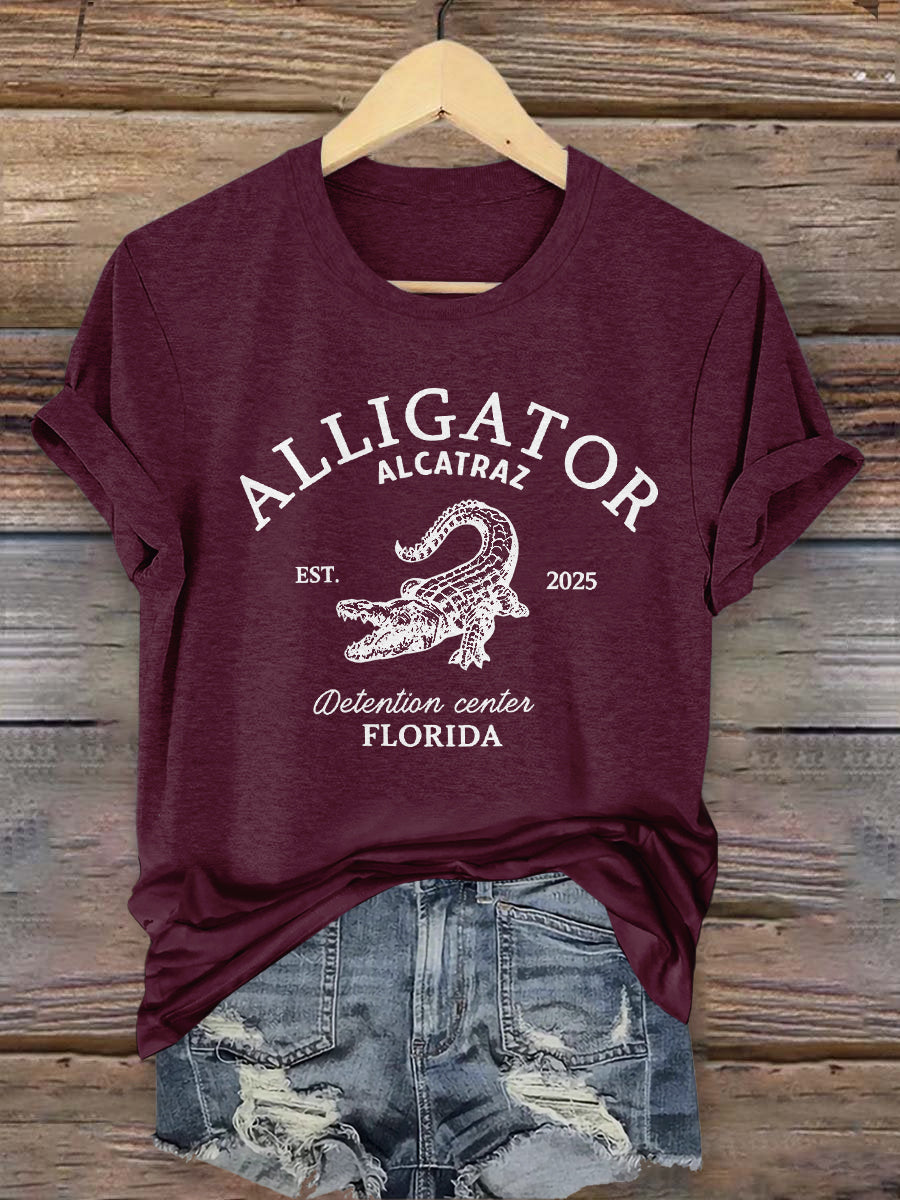 Vintage Alligator Alcatraz Fun Florida Everglades Art Print Casual T-Shirt