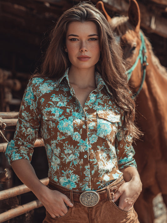 Vintage Western Art Floral Print Casual Shirt