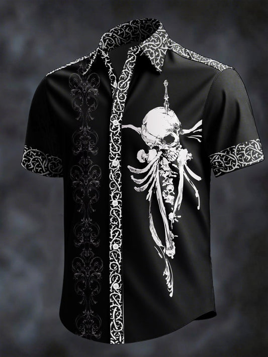 Men's Retro Horror Skull Print Lapel Short Sleeve Shirt