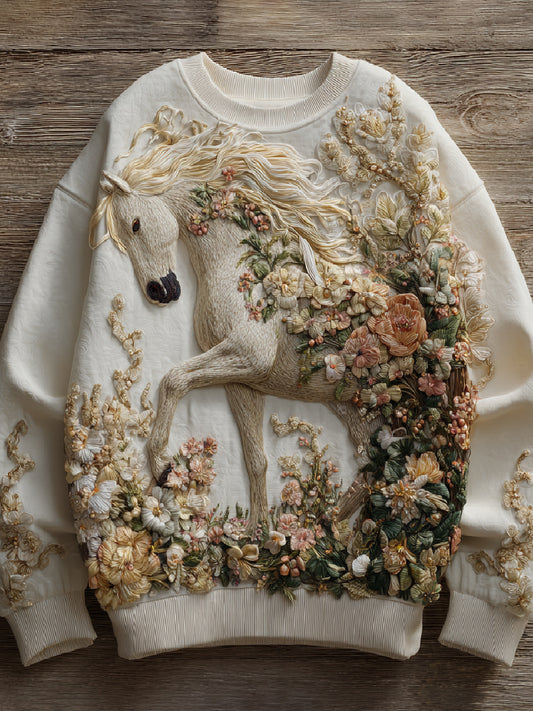 Vintage Horse Floral Art Print Casual Crewneck Sweatshirt