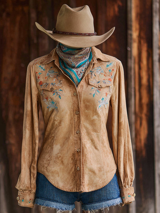 Vintage Western Art Floral Print Casual Shirt