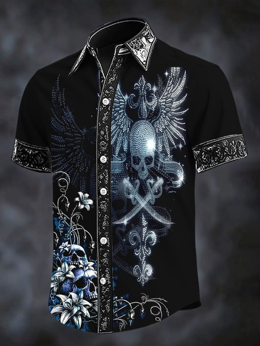 Men's Retro Western Skull Vine Print Short Sleeve Shirt