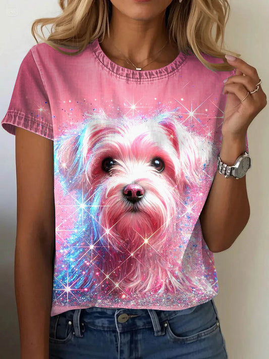 Pink October Art Dog Print Casual Short Sleeve T-Shirt