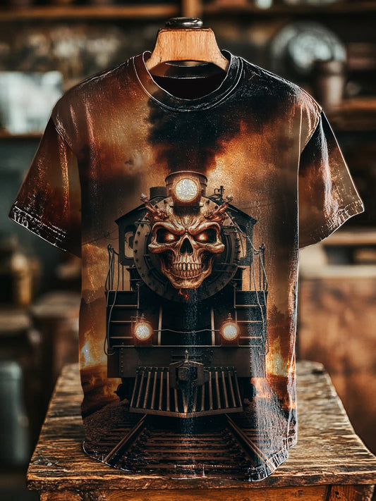 Unisex Retro Train Printed Crew Neck Casual T-Shirt