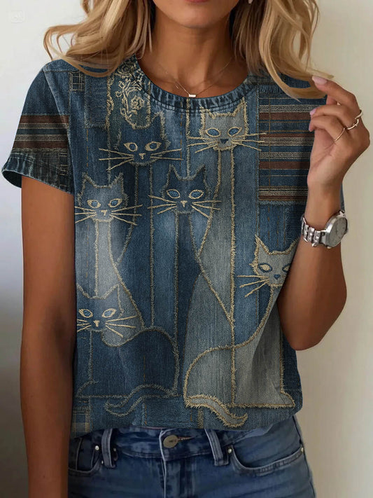 Women's Denim Art Cat Print Casual Short Sleeve T-Shirt