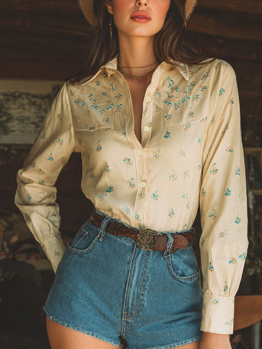 Western Retro Art Print Casual Long Sleeve Shirt
