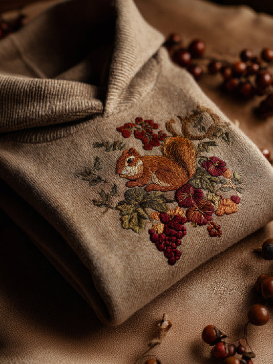 Maple Leaf Squirrel Art Print Casual Hooded Knit Sweater