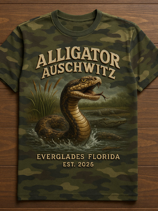 Vintage Alligator Auschwitz Fun Florida Everglades Art Print Casual T-Shirt