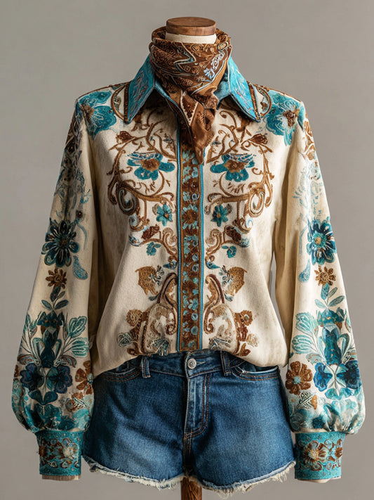 Vintage Western Art Illustration Print Casual Shirt