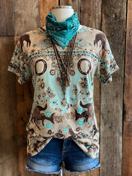 Retro Western Art Illustration Print Casual Short Sleeve T-Shirt