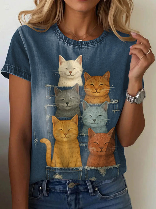 Women's Denim Art Cat Print Casual Short Sleeve T-Shirt