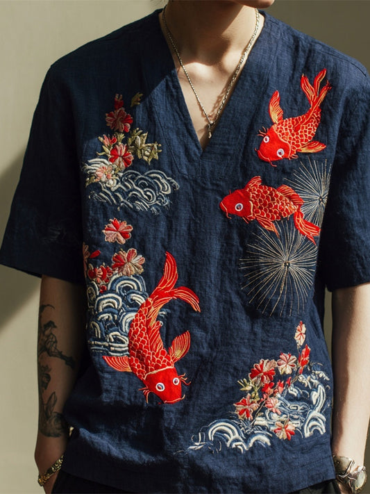 Japanese Goldfish And Firework Pattern Men's V-neck Shirt