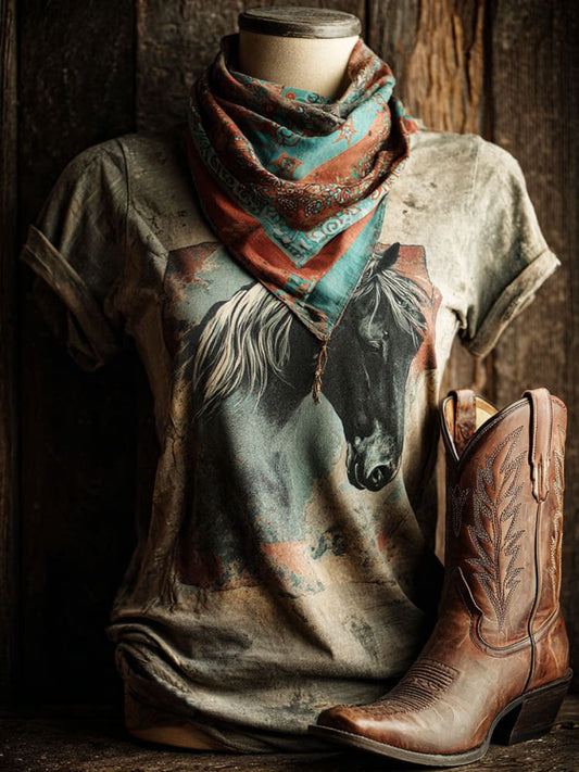Vintage Horse Print Round Neck Casual T-shirt
