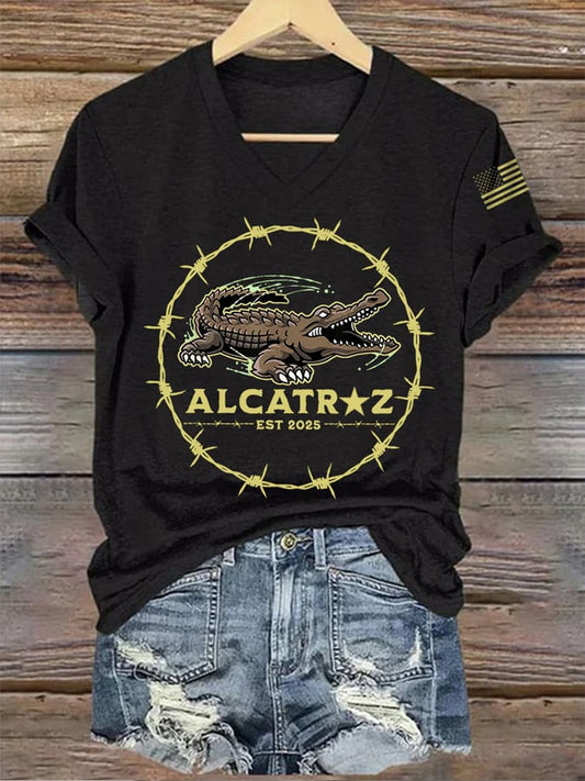 Women's Retro Alligator Alcatraz Funny Florida Everglades Dark Humor Printed Short-Sleeved T-Shirt