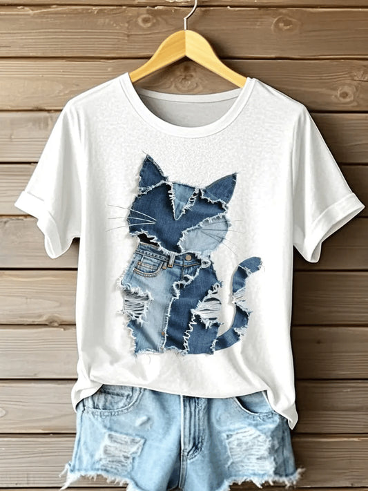 Women's Vintage Funny Animal Cat Print T-Shirt