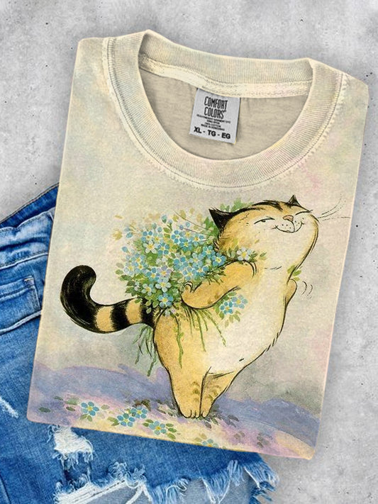 Unisex Smiling Cat Art Illustration Printed Round Neck Casual T-shirt