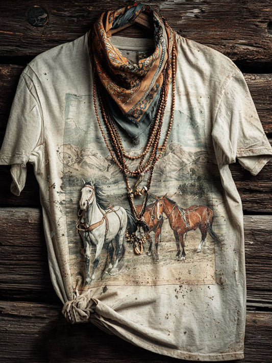Vintage Horse Printed Round Neck Loose Casual T-shirt