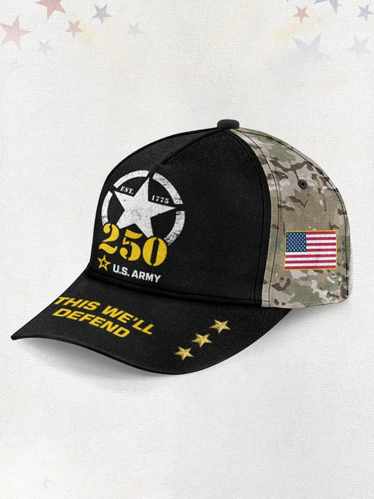 Vintage U.S. Army 250th Anniversary This We'll Defend Est.1775 Flag Camouflage Print Baseball Cap