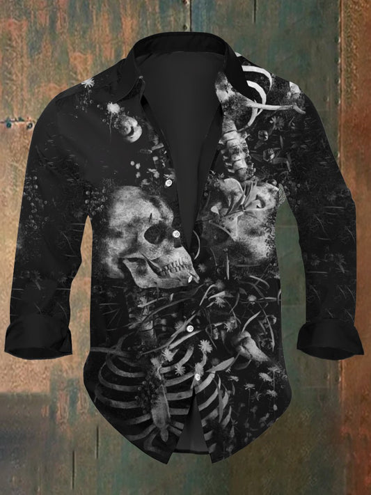 Men's Retro Skull Print Casual Long Sleeve Shirt