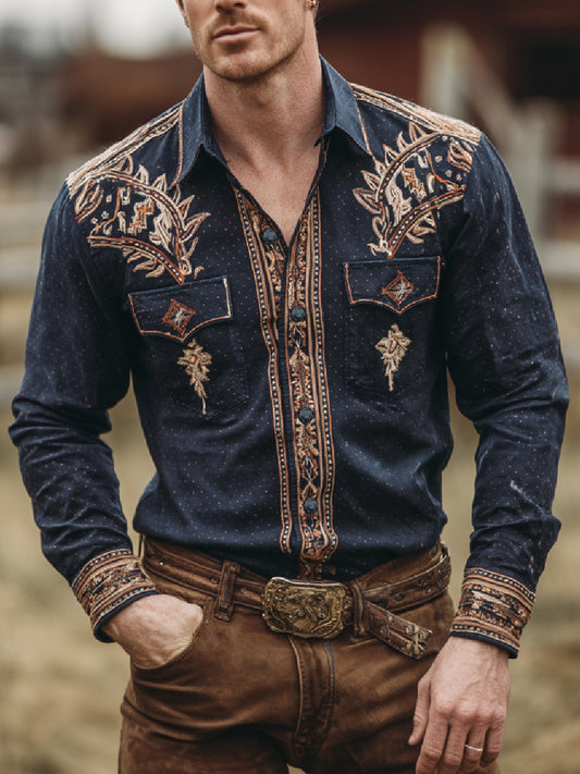 Retro Western Cowboy Art Print Casual Long Sleeve Shirt