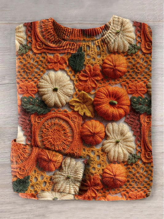 Pumpkin Vintage Fall Boho Autumn Harvest Halloween Print Knit Pullover Sweater