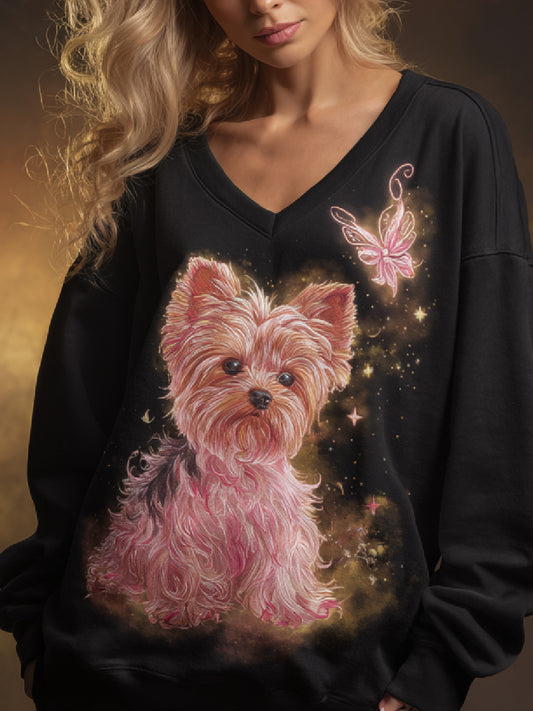 Pink Funny Dog Art Print Casual V-Neck Sweatshirt